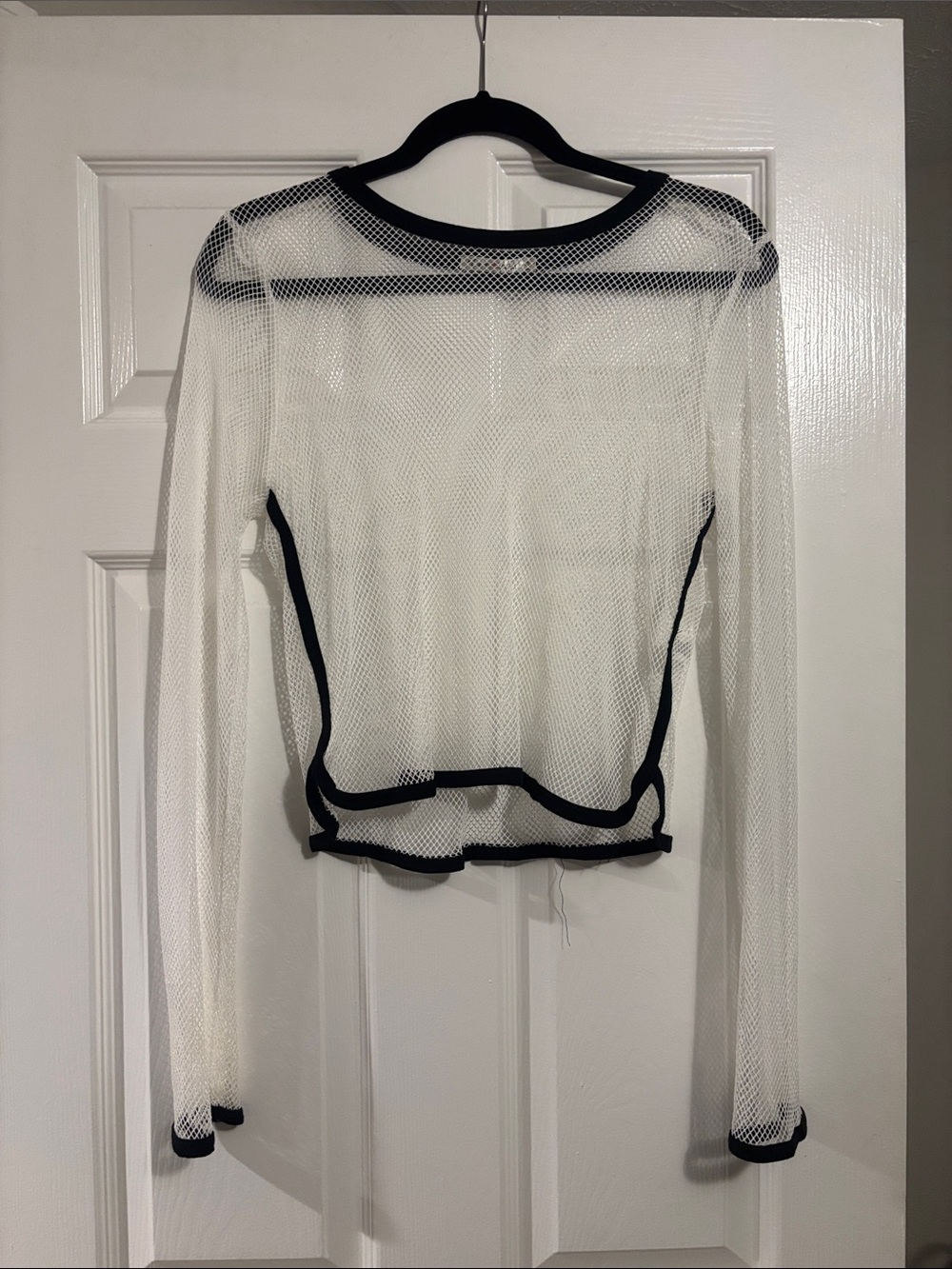 Dolls Kill White Sheer Mesh Long-Sleeve Top with Black Trim